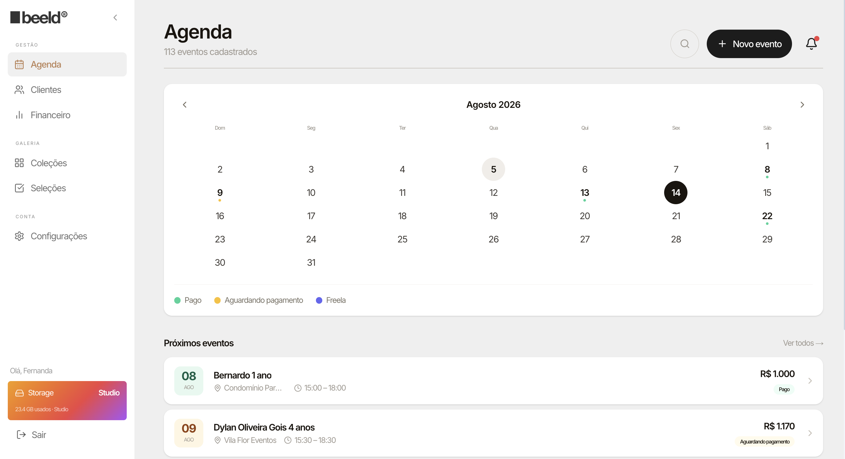 Agenda integrada com o financeiro.